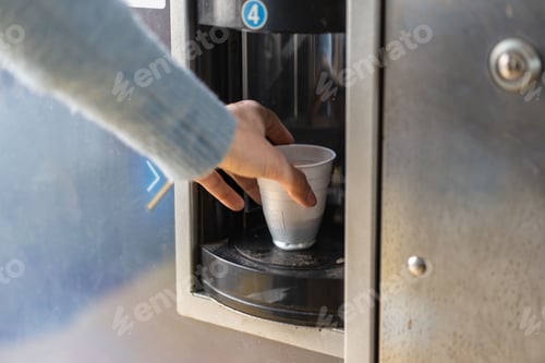 Preview: Hand taking coffee cup from vending machine, automatic beverage dispenser in office or public space