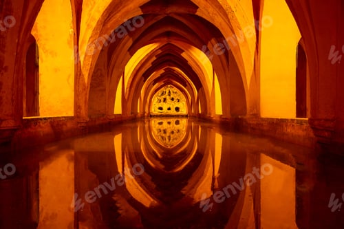 Preview: Stunning interior view of Alcazar of Seville with golden arches reflecting in water.