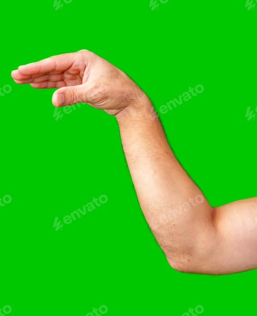 Preview: human arm gesturing with raised fingers against a bright green backdrop