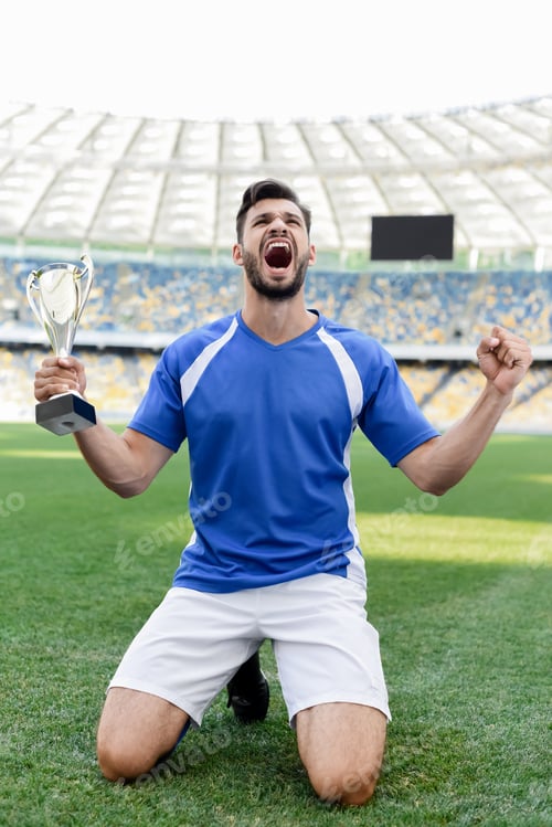 Preview: professional soccer player in blue and white uniform with sports cup standing on knees on football