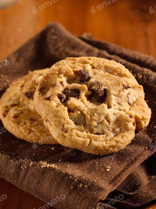 Preview: chocolate chip cookies shot with selective focus.