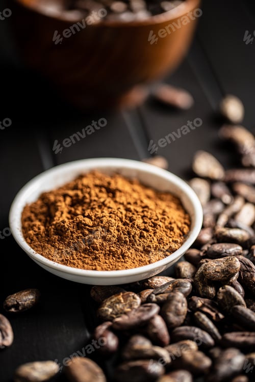Preview: Roasted cocoa beans and cocoa powder in bowl