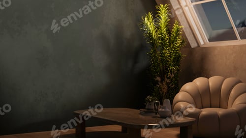 Preview: Books and vase on wooden table aside leather flower sofa chair and houseplant in dim lit attic room.