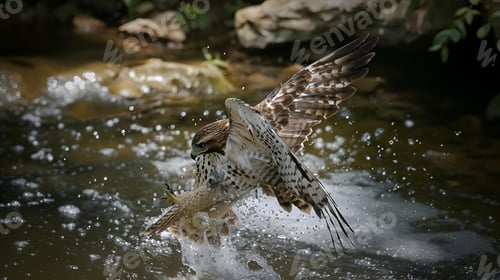 Preview: Hawk with wings spread catches prey in a shallow stream