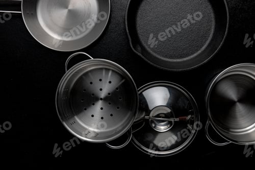 Preview: Grayscale overhead shot of metal pot frying pan a lid
