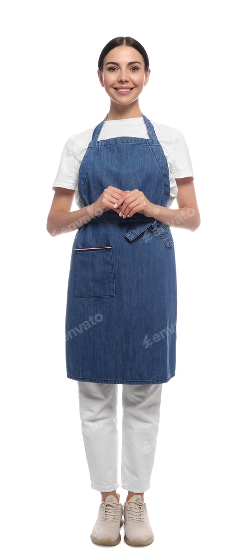 Preview: Young woman in blue jeans apron on white background