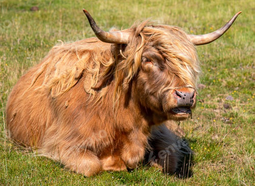 Preview: Fluffy brown highland cattle enjoying the sunshine in the green field