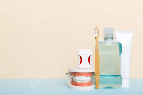 Preview: Mouthwash and other oral hygiene products on colored table top view with copy space