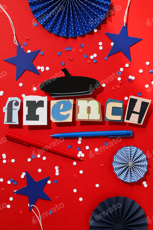 Preview: The word French on a red background, top view.