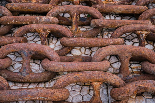 Preview: Old rusty ship's chain on the pier, top view.