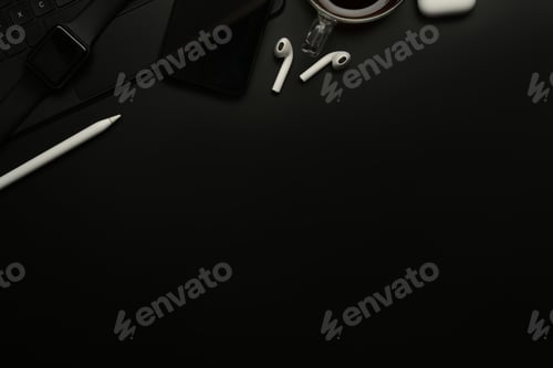 Preview: Modern stylish workplace with smart phone, digital tablet, earphones and coffee cup.