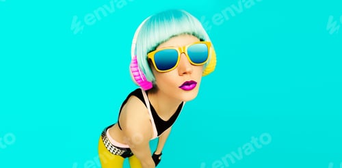 Preview: Glamorous party dj girl in bright clothes on a blue background l