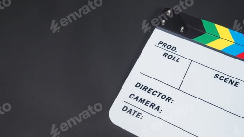 Preview: Clapperboard or clap board or movie slate on black background.