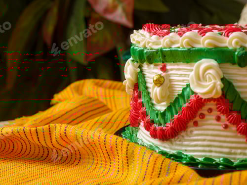 Visualização: Um bolo lindamente decorado, mostrando as cores da bandeira mexicana (vermelho, branco e verde)