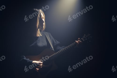 Preview: A young woman with an acoustic guitar in the dark under a ray of light.