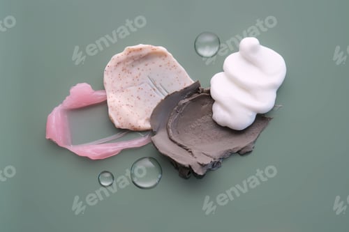 Preview: Textures of different cosmetic products on a green background.
