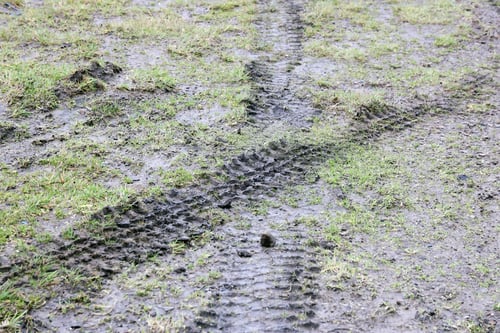 Preview: Wheel track on mud. Traces of a tractor or heavy off-road car on brown mud in wet meadow
