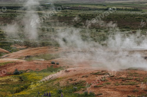 Preview: scenic view of landscape with volcanic vents in Haukadalur valley in Iceland