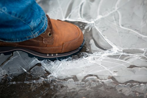 Preview: men leg in shoe crushing thin ice