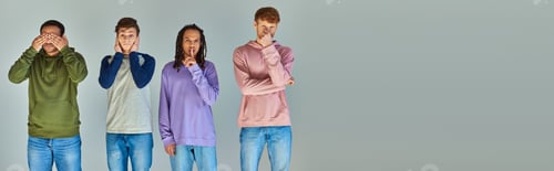 Preview: four multicultural men gesturing hear, see, speak and do no evil, cultural diversity, banner
