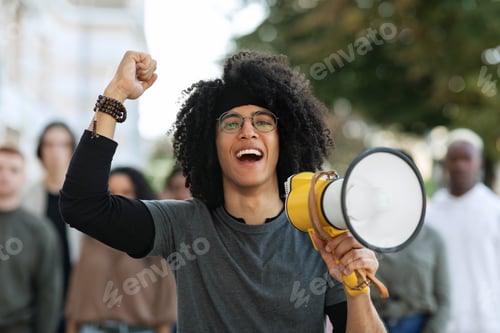 Preview: Charismatic black guy activist with megaphone on the street