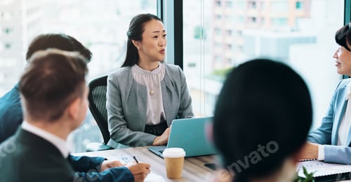 Preview: Leader, woman or business people in meeting talking for feedback, discussion or teamwork. Corporate