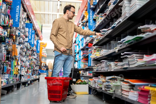 Preview: Man shopping for school supplies in stationery store