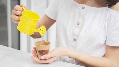 Preview: Caucasian teenage girl in a white shirt holds a yellow watering can with her hands