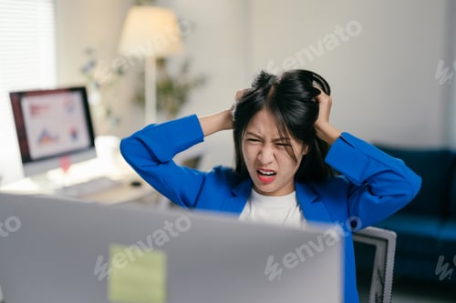 Preview: Young businesswoman is experiencing extreme frustration while working at her desk, pulling her hair