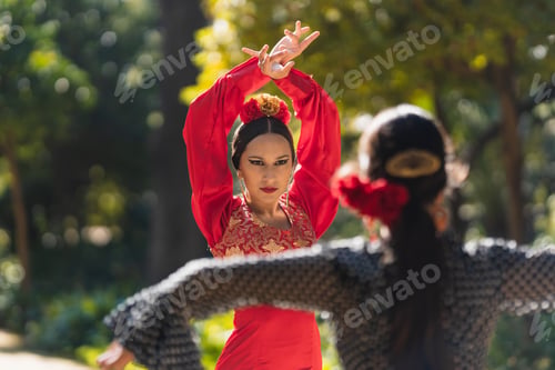 Preview: Two woman in flamenco dress dancing face to face in a park