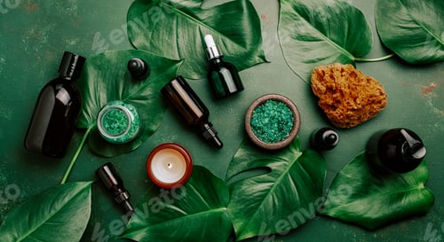 Preview: zero waste eco friendly hygiene bathroom concept. reusable cosmetic bottles, essential oils, candle