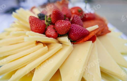 Preview: Close-up of food on table at a banquet. Buffet, fruit, cheese.