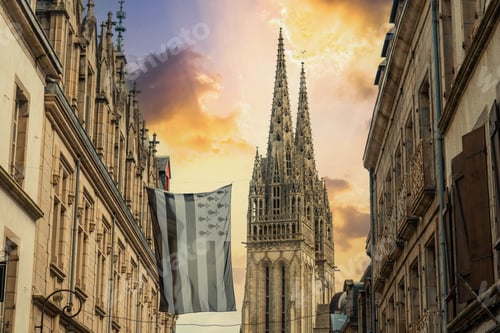 Preview: Sunset in the medieval village of Quimper and the Saint Corentin de Quimper Cathedral