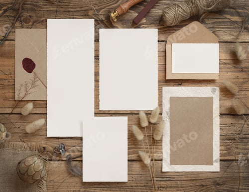 Preview: Wedding blank cards and envelopes laying on a wooden table with dried flowers around