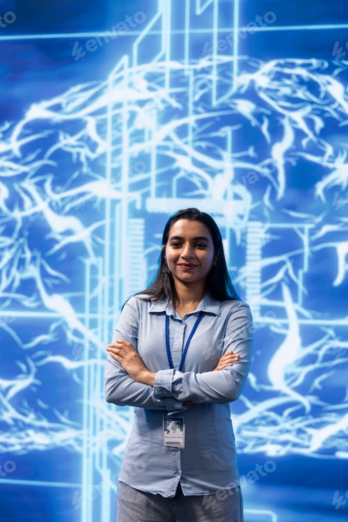 Preview: Portrait of smiling specialist in startup doing advancements in AI field