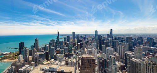 Preview: Chicago city skyscrapers panorama, blue sky background. Skydeck observation