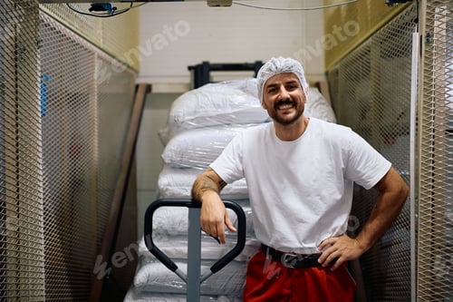 Preview: Happy production plant worker using pallet jack in storage room and looking at camera.
