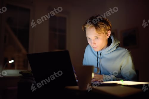 Preview: Concentrated teenager studying late night at home office with laptop and tablet.