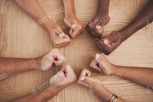 Preview: Hands thumbs up for teamwork, motivation and support at advertising startup company office. Above p