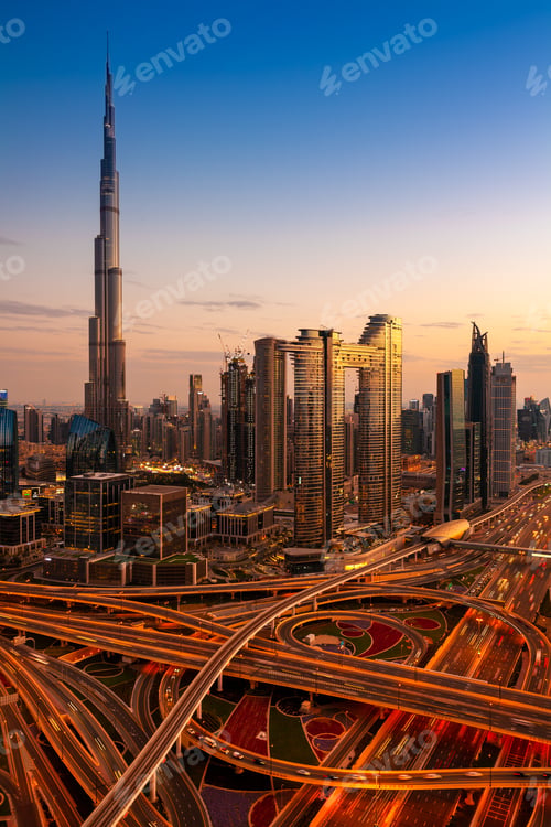 Preview: Magnificent futuristic view of the Dubai with the Burj Khalifa skyscraper, UAE