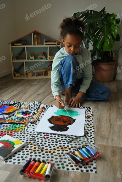 Preview: Gen Z girl drawing and painting (paintbrush) and colorful apron. Art, craft and creative