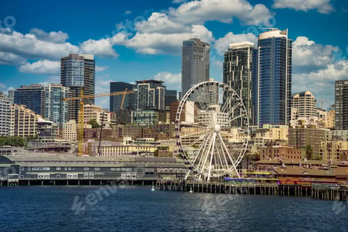 Preview: Seattle waterfront on Elliot Bay with the skyline of downtown and the Great Wheel