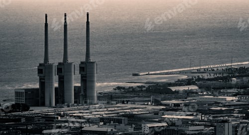 Preview: Grayscale shot of the thermal power plant of Sant Adria de Besos in Barcelona, Spain