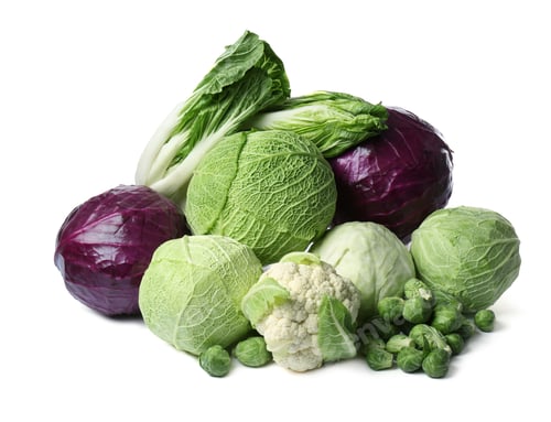 Preview: Many different fresh ripe cabbages on white background