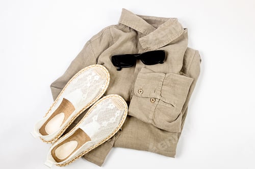 Preview: Set of seasonal summer fashion woman clothes, top view. Women's summer outfit.