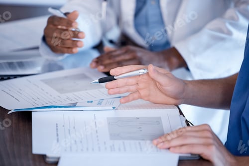 Preview: Doctors, hands and paperwork of people for research, healthcare planning and analysis. Hospital sta