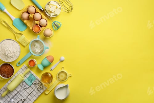 Preview: Butter, sugar, flour, eggs, oil, spoon, rolling pin, brush, whisk, towel over yellow background