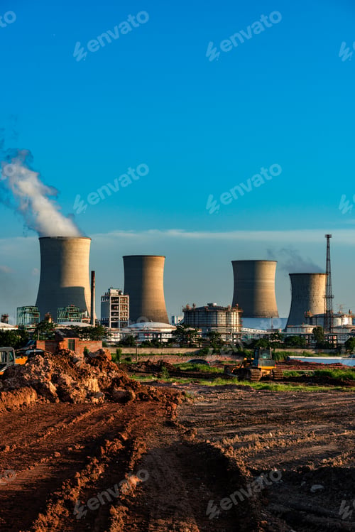 Industrial Landscape with Chimneys and Construction Zone