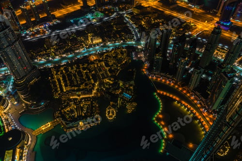 Preview: Dubai downtown night scene with city lights. Top view