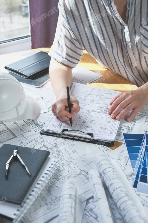 Preview: Architects concept, engineer architect designer freelance work on start-up project drawing